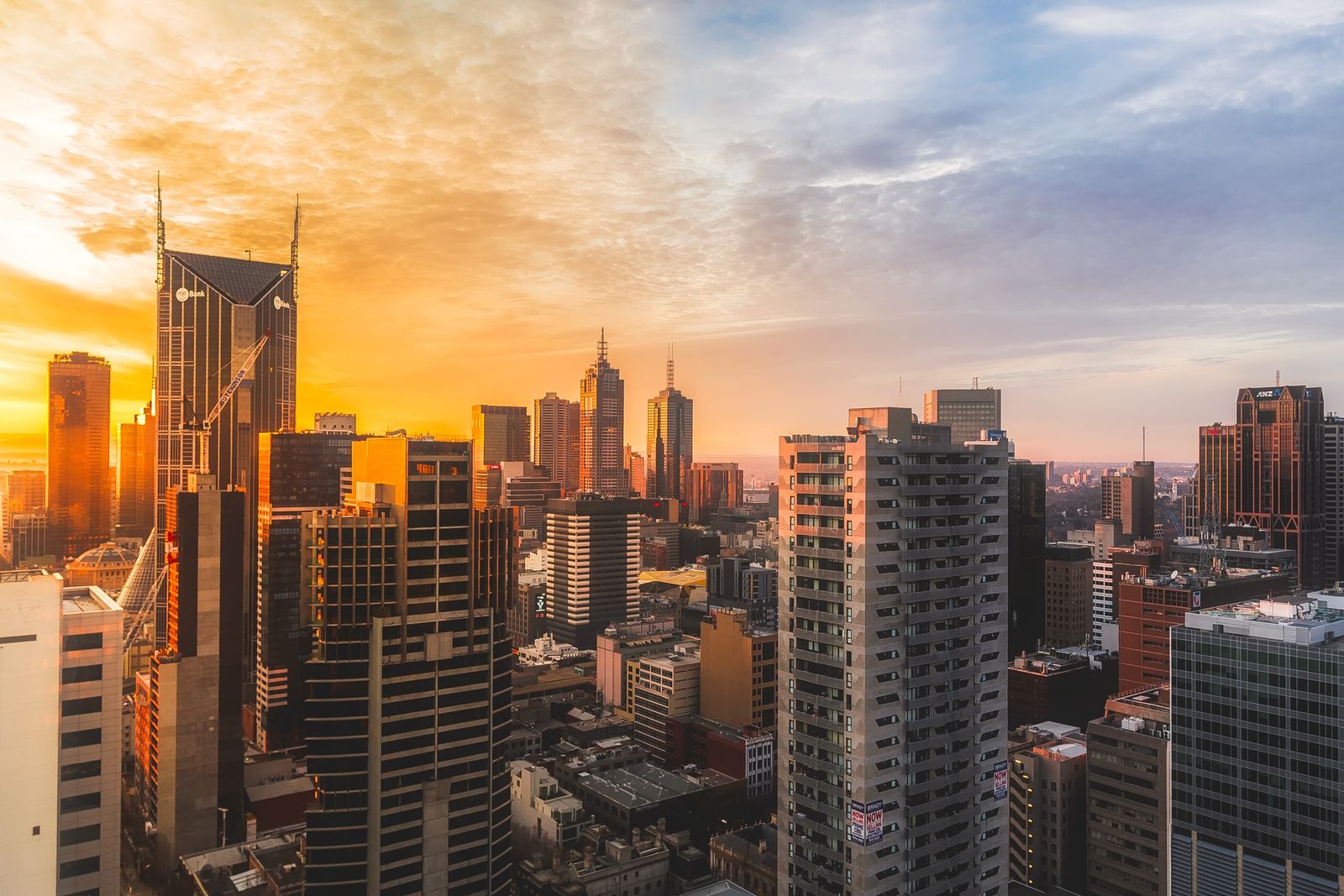 Corporate skyline at sunset